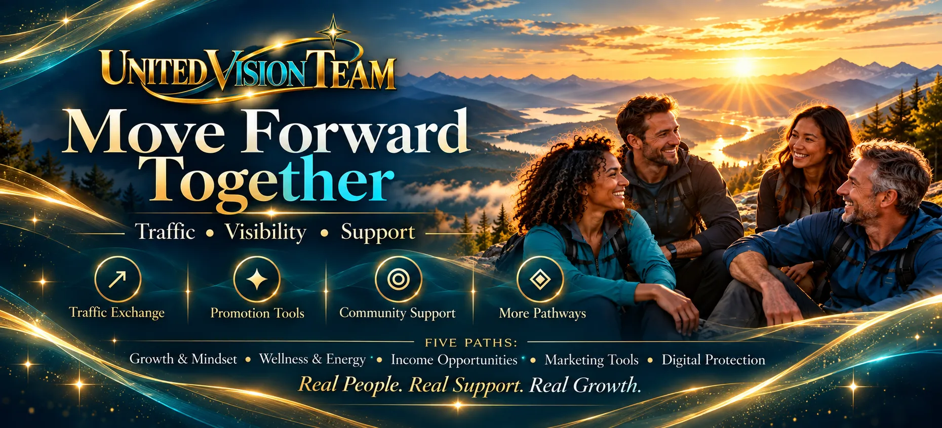 United Vision Team: Move Forward Together. Traffic, Visibility and Support. Explore our tools, community and five pathways.