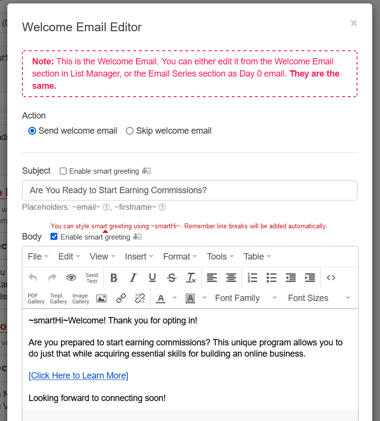 Example welcome email setup in LeadsLeap